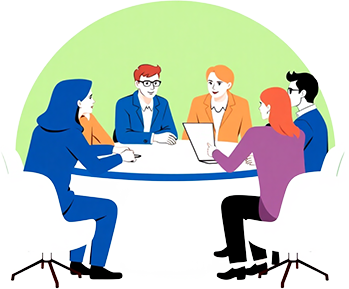 minimalist vector illustration of diverse team collaboration, agency meeting, event planning, blue and green colors, modern professional style, without background