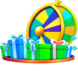 instant win game icon with spinning wheel and gift boxes, digital prize reveal illustration, blue and green accents, modern flat design without background