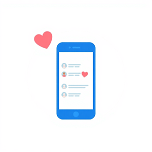 minimalist vector illustration of social media engagement, smartphone with hearts and comments, user-generated content concept, blue and gray colors