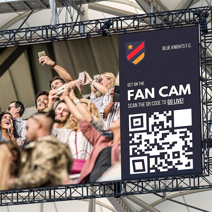 Interactive fan engagement campaign showing stadium fans scanning a mobile QR code for VIP prizes