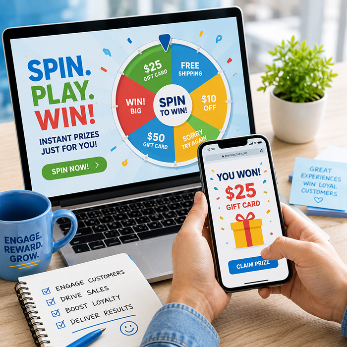 Interactive instant win game platform featuring a mobile spin-to-win wheel and digital prize reveal