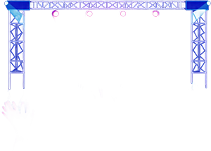 minimalist vector illustration of concert crowd with raised hands, music festival atmosphere, stage lights, vibrant blue and green colors, without background