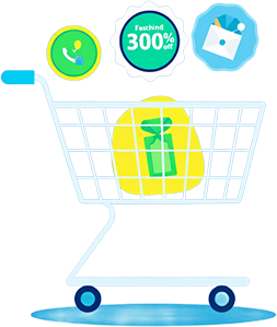 shopping cart with promotional badges and gift icons, retail engagement illustration, blue and green accents, modern flat design