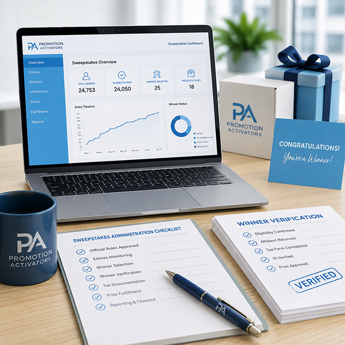Professional sweepstakes administration team managing campaign rules and prize fulfillment