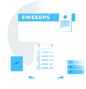 minimalist vector illustration depicting sweepstakes administration, checklist, winner selection, blue and gray colors